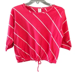 Ivory Pink White‎ Diagonal Stripe Crop Top Drawstring Hem Large Elbow Sleeve thumbnail 1