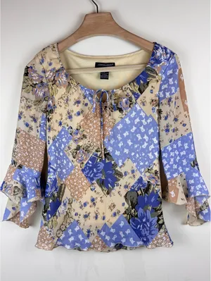 Jonathan Martin Studio Y2K Floral Patchwork Bell Sleeve Blouse Blue Tan Size S thumbnail 2