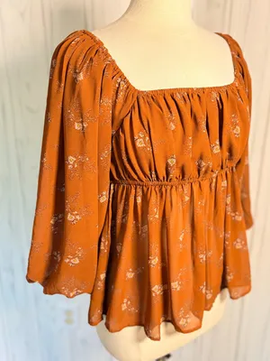 EASEL 3/4-Balloon Sleeve Floral Babydoll Style Blouse, Medium, Amber Cottagecore thumbnail 6