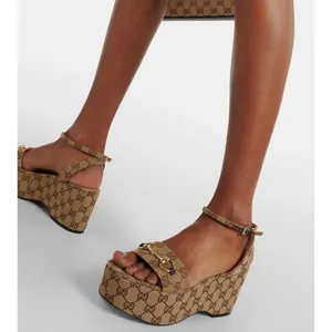 Gucci Lady Horsebit GG Supreme Canvas Platform Sandals Beige 37.5 Box Dust Bags thumbnail 4