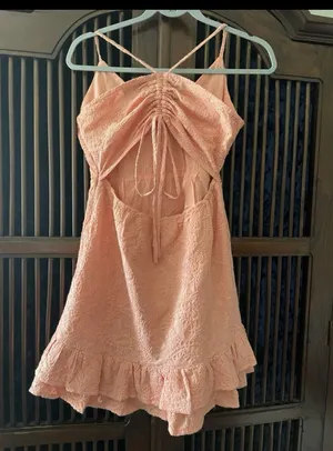 MINKPINK Pink Embroidered Mini Dress Size L Open Back Ruffle Hem thumbnail 2