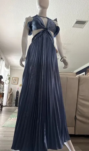Pleated Satin Cut-Out Maxi Dress in Steel Blue thumbnail 1