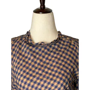 MINE Gingham Midi Dress Women Small Orange Blue Ruched Puff Sleeve Preppy Retro thumbnail 7