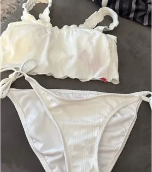 Xhilaration White Ribbed Ruffle Bikini Set thumbnail 1