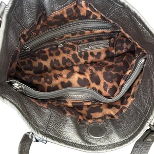 B. Makowsky Metallic Silver Leather Tote‎ Handbag Cheetah Print Lining thumbnail 4