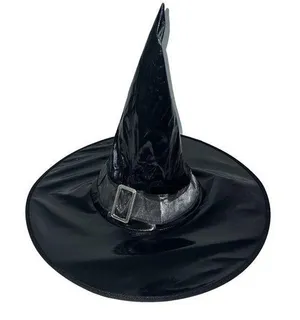 Womens Black Halloween Witch Costume Hat Shiny thumbnail 1