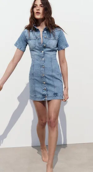 ZARA Dress mini denim jeans button up collar casual short sleeve thumbnail 2