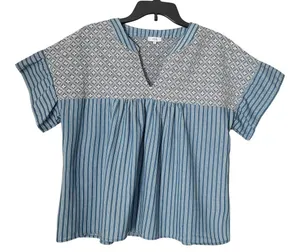Boho Blue Patterned Short-Sleeve Tunic Top - Lightweight Peasant Style thumbnail 1