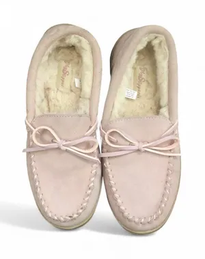NEW MySlippers MyPillow Blush Pink Leather Suede Bow Moccasins Faux Fur Moc Loafers Cozy Memory Foam Sz 7 New without tags thumbnail 1
