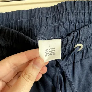 women's linen nylon blend‎ navy elastic drawstring waist wide leg jogger pants L thumbnail 3