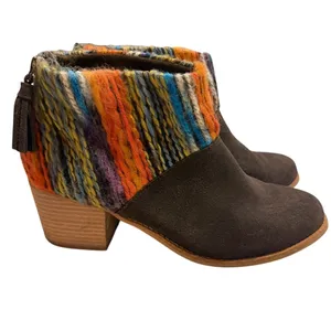 TOMS Suede Ankle Boots Multicolor Woven Fabric Cuff Stacked Heel Womens Size 10W thumbnail 4