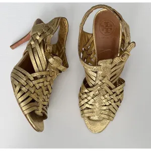 Tory Burch Nadia Metallic Gold Woven Leather Heels Sandals 9M thumbnail 10