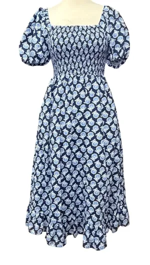 J Crew Smocked Midi Dress Women S Blue White Floral Puff Sleeves Cottage Boho thumbnail 1