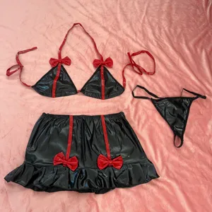 Y2K Black Faux Leather Lingerie Set w/ Red Bow Details – Cute Coquette Mini Skirt + Bra + Thong XS/S💋✨ thumbnail 1