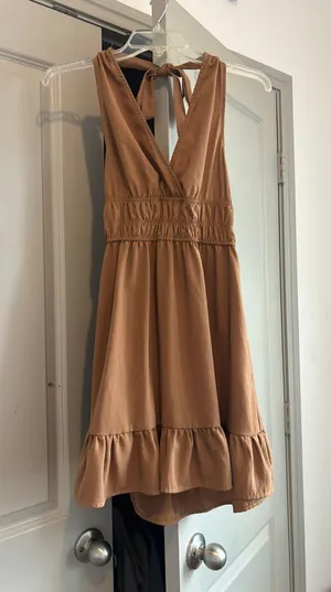 Halter Neck Ruffle Dress Brown Size XS thumbnail 1