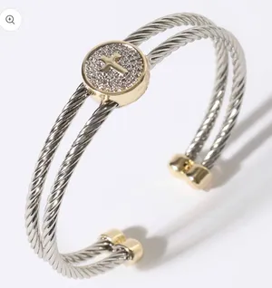 Cross Detail Twisted Double Wire Cuff Bangle Bracelet Silver thumbnail 1