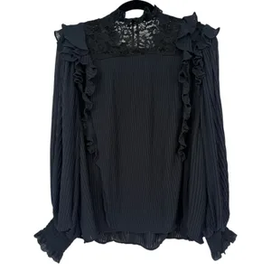 Anthropologie Pleated Ruffled Sheer Lace Blouse‎ Top Black Size LP Whimsigoth thumbnail 5