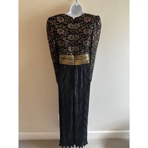 Ricki Lang‎ for Steven Stoll Gown Size 12 Black Gold Metallic Lace Pleated Maxi thumbnail 2