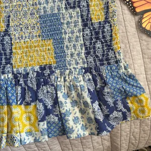 Natural life blue yellow boho floral patchwork smocked ruffle hem tops L XL​ thumbnail 3