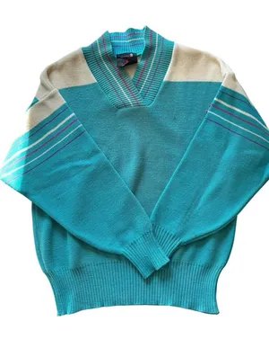 VTG 80’s Women’s Virgin Wool Colorblock Sweater Sz M Blue Cream Stripe thumbnail 1