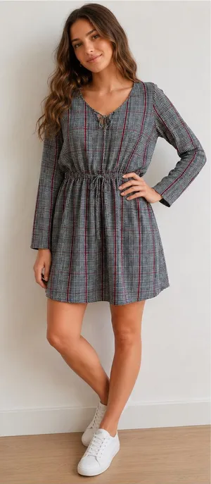 Gray Plaid Long-Sleeve Drawstring Waist Dress thumbnail 1
