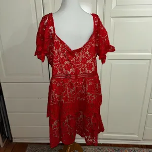 Boo-hoo plus premium lace tiered skater dress in red thumbnail 3