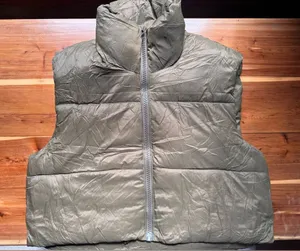 Women Winter Crop Puffer Vest Jacket Sleeveless Padded Army Green Large thumbnail 1