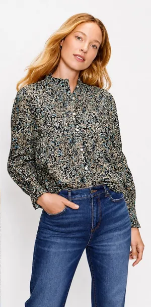 LOFT Pintucked Ruffle Mock Neck Floral Blouse Medium Black Green Cotton Boho Top thumbnail 1