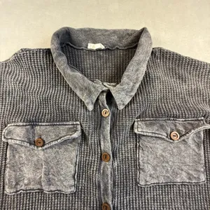 Bucketlist Womens Acid Wash Waffle Knit Shacket Button Down Shirt Gray Thermal thumbnail 2