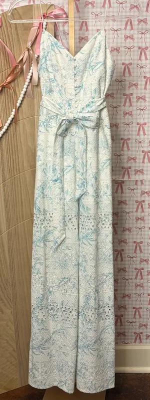 Alice + Olivia Shanti Blue & White Floral Toile Eyelet Wide Leg Jumpsuit XS 0/2 thumbnail 1