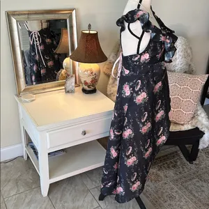 Love shack fancy cosmo rare black floral ruffle silk high low midi dress M L​​ thumbnail 8
