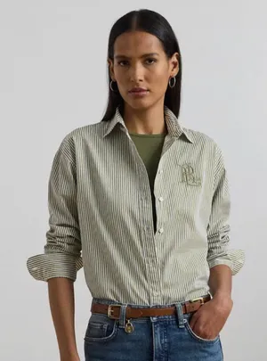 POLO RALPH LAUREN Grayish Green Relaxed Striped Broadcloth Shirt Size XS thumbnail 1