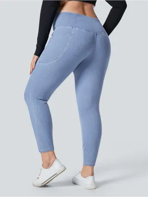 Halara Flex Crossover Side Pocket Washed Stretchy Knit Denim Work Legging thumbnail 8