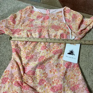 Here Comes The Sun Floral Mini Dress Women L Pink Long Bell Sleeve Ruched Ruffle thumbnail 3