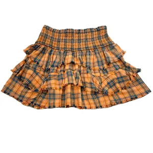 Free People Plaid Ruffle Mini Skirt Size Orange Blue High Waist Boho L thumbnail 2