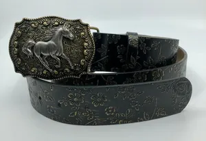 Women's Black Faux Leather Western Belt w/ Horse Buckle, 36.5-45.5 in, X7G9A966 thumbnail 1