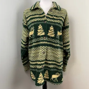 Vintage 90s Womens Fair Isle Moose Christmas Fleece Shirt Jacket Shacket Medium thumbnail 2