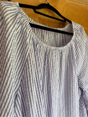 Blue White Striped Seersucker Coastal Blouse Bell Sleeve Scoop Neck Size M/L thumbnail 6