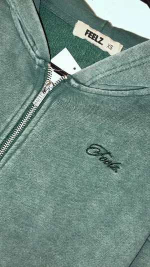 FEELZ. Washed Zip-Up Hoodie Dark Green Size XS thumbnail 2