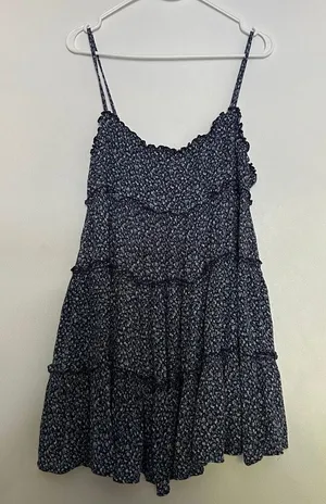 Lulus Floral Tiered Mini Dress Women’s Size M Navy Blue Ruffle Strappy thumbnail 1