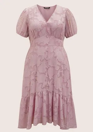 Bloomchic Solid Textured Lantern Sleeve Button Detail Dress thumbnail 6