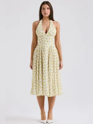 House of CB Solada Ivory Vintage Floral Print Georgette Halter Sundress XL thumbnail 2