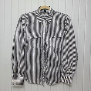 Lauren Ralph Lauren Navy Blue and White Vertical Stripe Button-Down Shirt Size M thumbnail 4