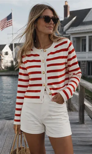 Red & White Striped Button-Front Women's Sweater Cardigan thumbnail 1