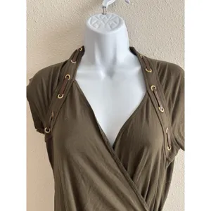 Carmen Marc Valvo‎ Olive Faux Leather Gold Grommets Wrap Dress Large thumbnail 3