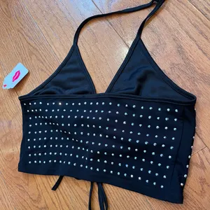 Top Chic Black Rhinestone Halter Crop Top – Y2K Clubwear Tie Front (NWT) thumbnail 4
