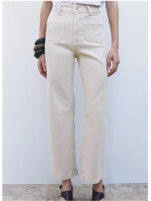 NWT Zara The Patch Pocket Wide Leg Jeans in Cream Size 6 thumbnail 4