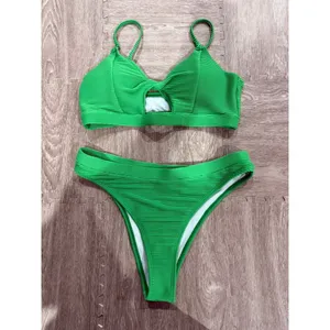 Womens Green Ribbed‎ 2-Piece Bikini Set Size XL Triangle Top High-Leg thumbnail 2