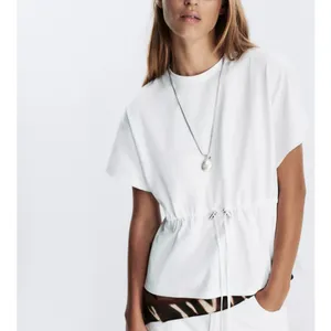 Zara NWT white heavy cotton tee shirt with drawstring waist peplum cinched waist thumbnail 7