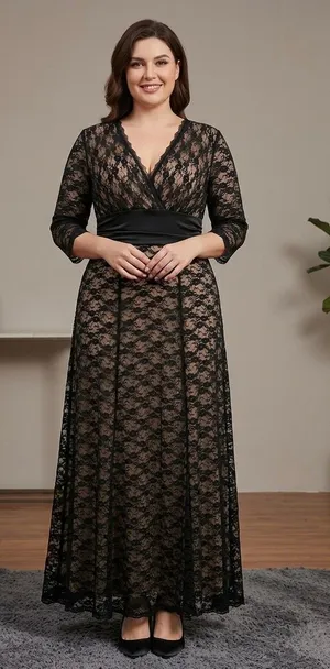 Black Lace Wrap Maxi Dress with Satin Waistband thumbnail 1